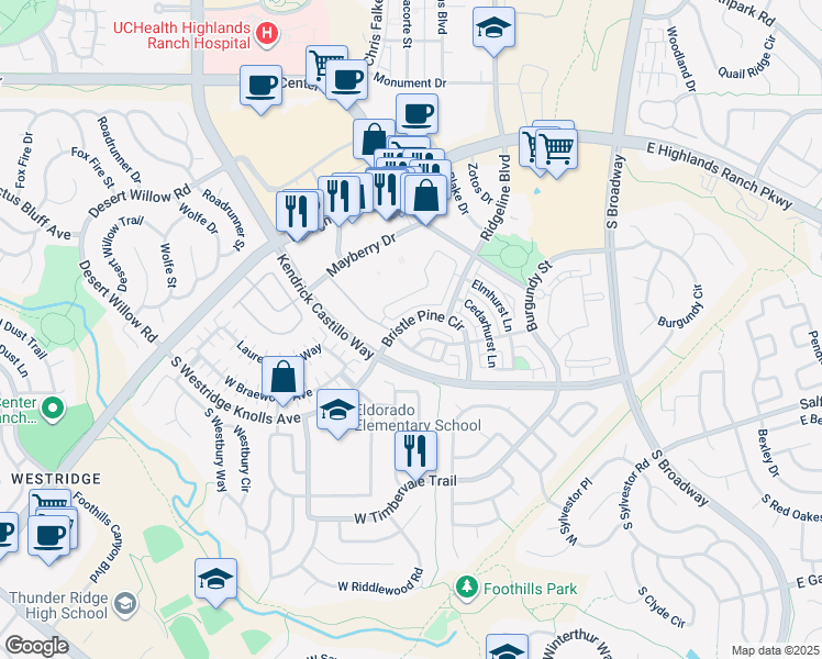 map of restaurants, bars, coffee shops, grocery stores, and more near 970 Rockhurst Drive in Littleton