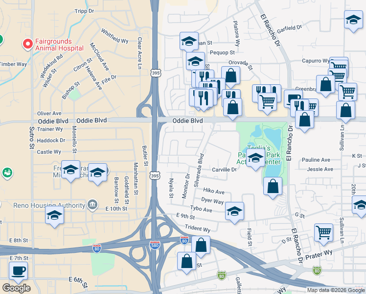 map of restaurants, bars, coffee shops, grocery stores, and more near 2335 Carville Drive in Reno