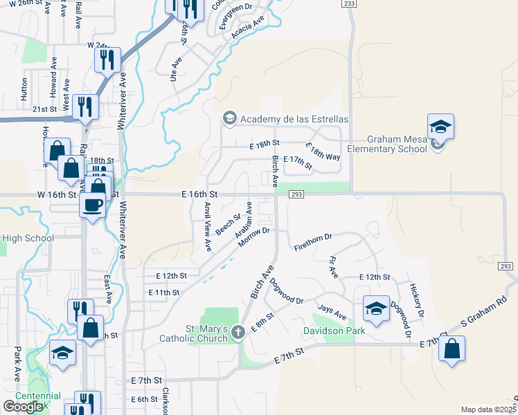 map of restaurants, bars, coffee shops, grocery stores, and more near 1821 Birch Ave in Rifle
