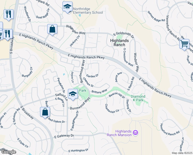 map of restaurants, bars, coffee shops, grocery stores, and more near 9553 Devonshire Place in Littleton