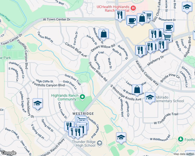 map of restaurants, bars, coffee shops, grocery stores, and more near 9571 Desert Willow Way in Littleton