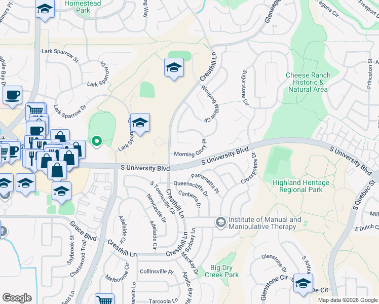 map of restaurants, bars, coffee shops, grocery stores, and more near 5089 Morning Glory Place in Littleton