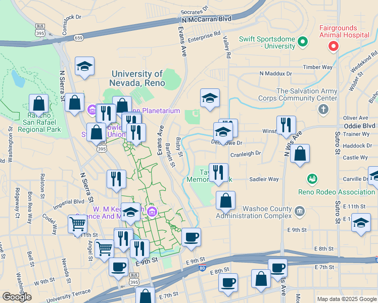map of restaurants, bars, coffee shops, grocery stores, and more near 290 Jodi Drive in Reno