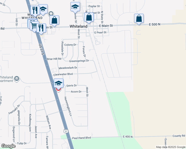 map of restaurants, bars, coffee shops, grocery stores, and more near 573 Clearwater Boulevard in Whiteland