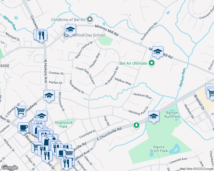 map of restaurants, bars, coffee shops, grocery stores, and more near 601 North Shamrock Road in Bel Air