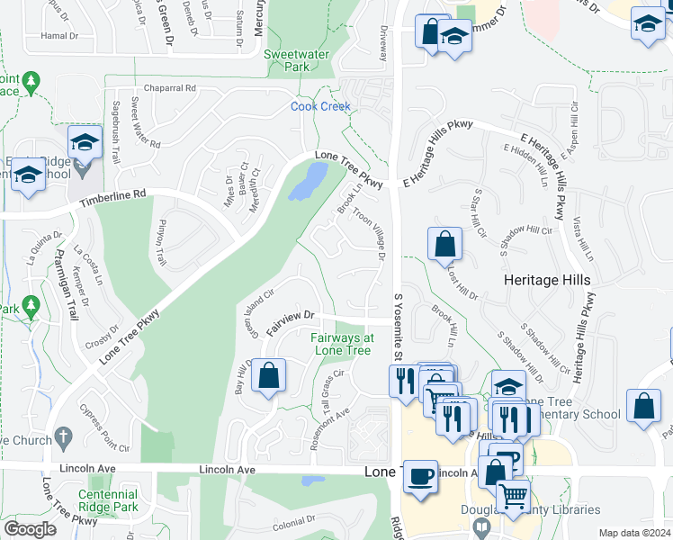 map of restaurants, bars, coffee shops, grocery stores, and more near 8641 Grand Cypress Lane in Lone Tree