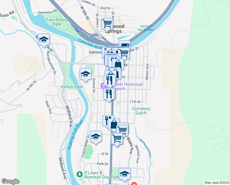 map of restaurants, bars, coffee shops, grocery stores, and more near 1023 Grand Avenue in Glenwood Springs