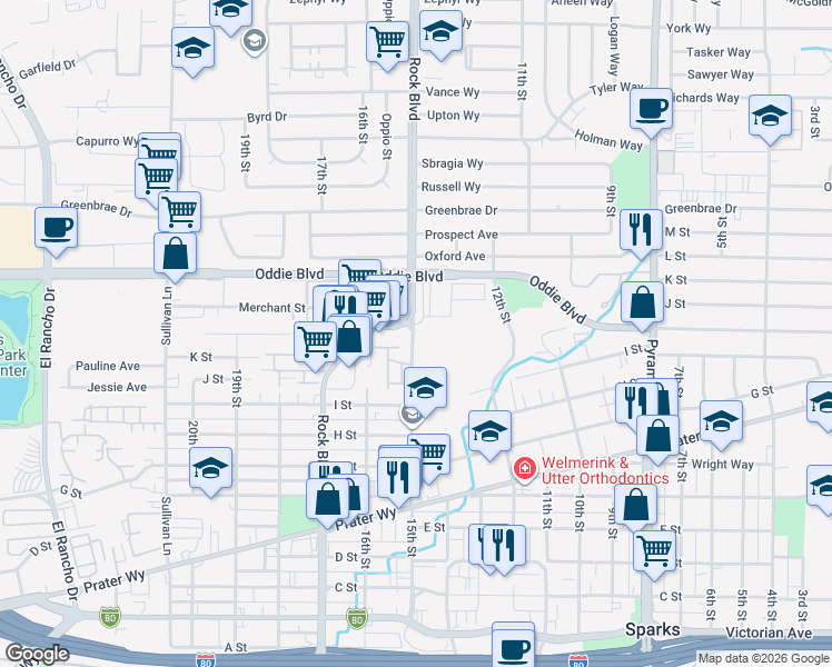 map of restaurants, bars, coffee shops, grocery stores, and more near 1500 Irene Way in Sparks