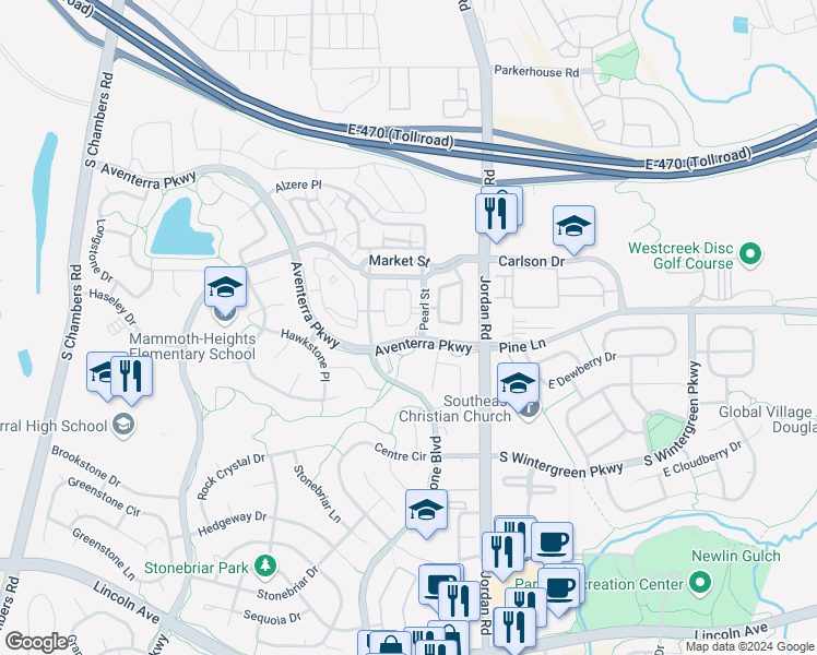 map of restaurants, bars, coffee shops, grocery stores, and more near 9574 Keystone Trail in Parker