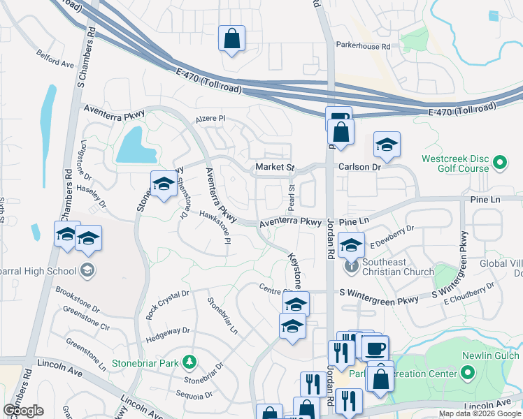 map of restaurants, bars, coffee shops, grocery stores, and more near 9584 Keystone Boulevard in Parker
