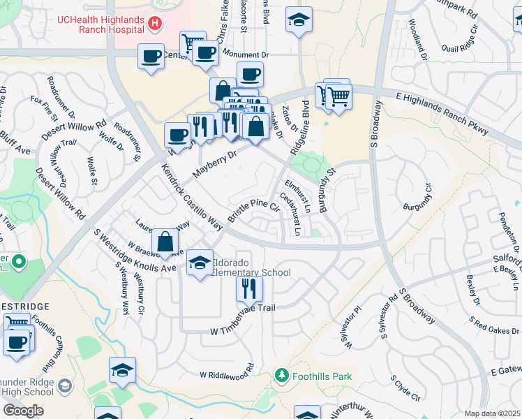 map of restaurants, bars, coffee shops, grocery stores, and more near 781 Rockhurst Drive in Highlands Ranch