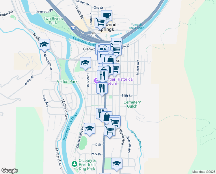 map of restaurants, bars, coffee shops, grocery stores, and more near 1023 Grand Avenue in Glenwood Springs
