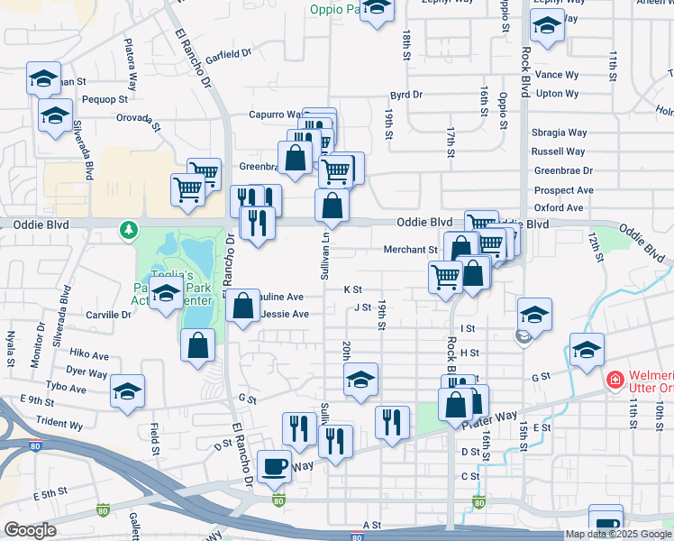 map of restaurants, bars, coffee shops, grocery stores, and more near 2036 K Street in Sparks