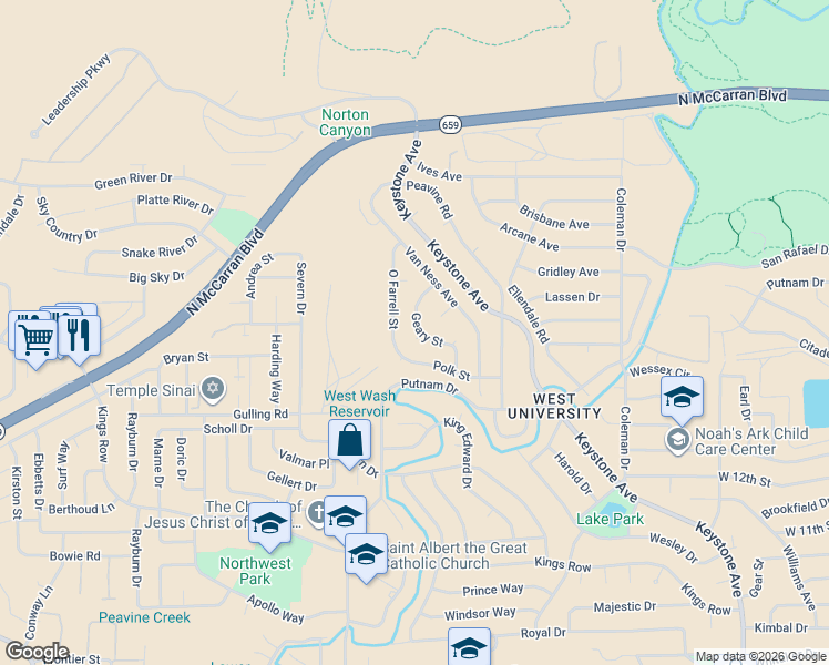 map of restaurants, bars, coffee shops, grocery stores, and more near 2645 Polk Street in Reno