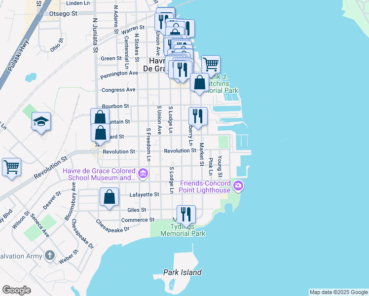 map of restaurants, bars, coffee shops, grocery stores, and more near 421 South Washington Street in Havre de Grace