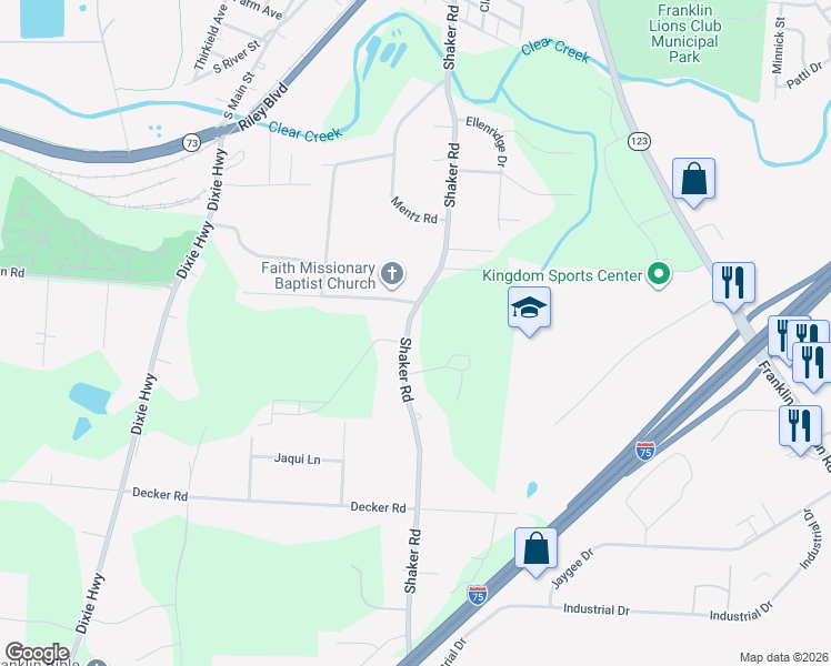 map of restaurants, bars, coffee shops, grocery stores, and more near 6808 Shaker Road in Franklin