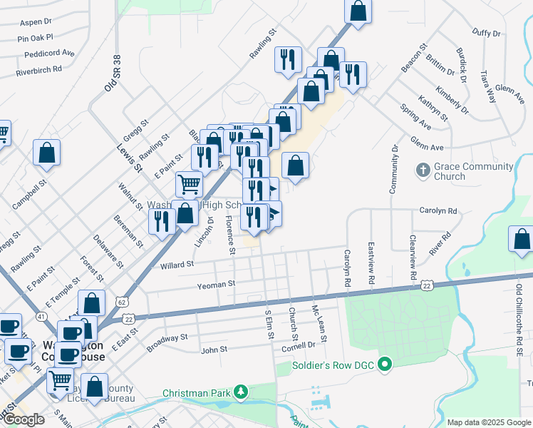 map of restaurants, bars, coffee shops, grocery stores, and more near 400 South Elm Street in Washington Court House