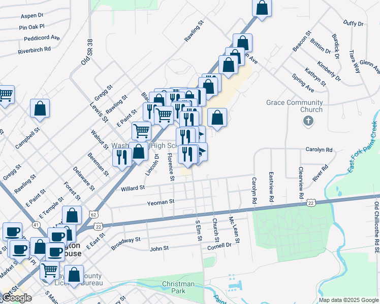 map of restaurants, bars, coffee shops, grocery stores, and more near 400 South Elm Street in Washington Court House