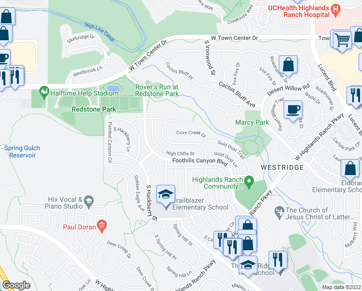 map of restaurants, bars, coffee shops, grocery stores, and more near 9509 Cove Creek Drive in Highlands Ranch