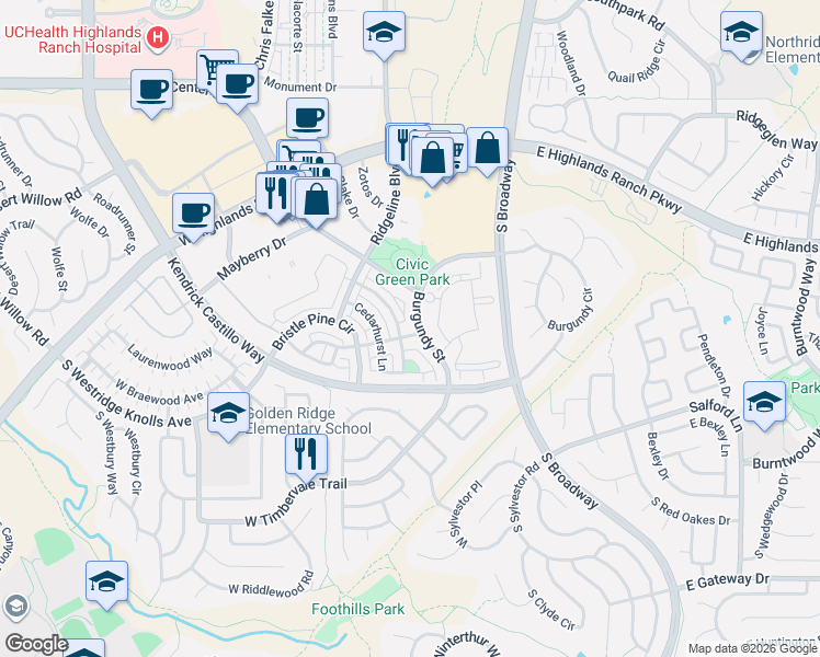 map of restaurants, bars, coffee shops, grocery stores, and more near 535 Elmhurst Way in Highlands Ranch