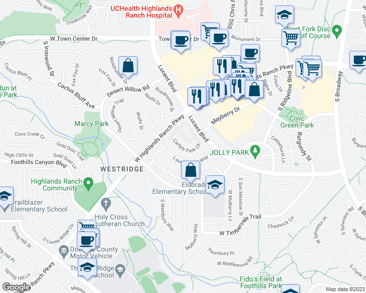 map of restaurants, bars, coffee shops, grocery stores, and more near 1352 Carlyle Park Circle in Littleton