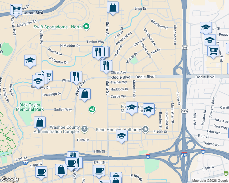 map of restaurants, bars, coffee shops, grocery stores, and more near 1290 Trainer Way in Reno