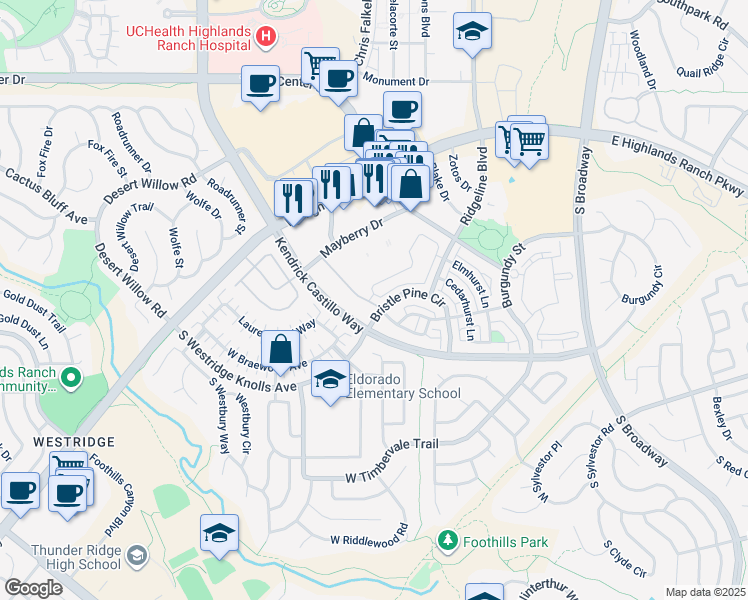 map of restaurants, bars, coffee shops, grocery stores, and more near 1200 Mayberry Drive in Highlands Ranch