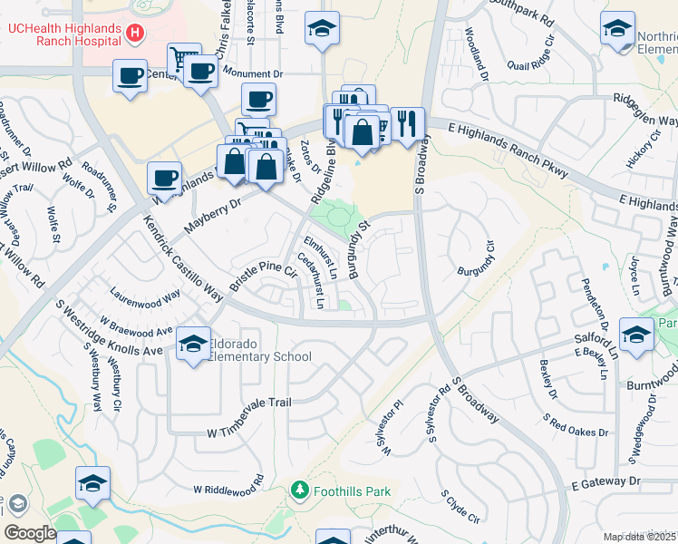 map of restaurants, bars, coffee shops, grocery stores, and more near 601 West Burgundy Street in Highlands Ranch