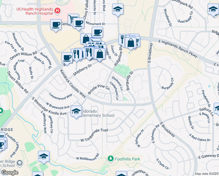 map of restaurants, bars, coffee shops, grocery stores, and more near 750 South Ridgeline Boulevard in Highlands Ranch