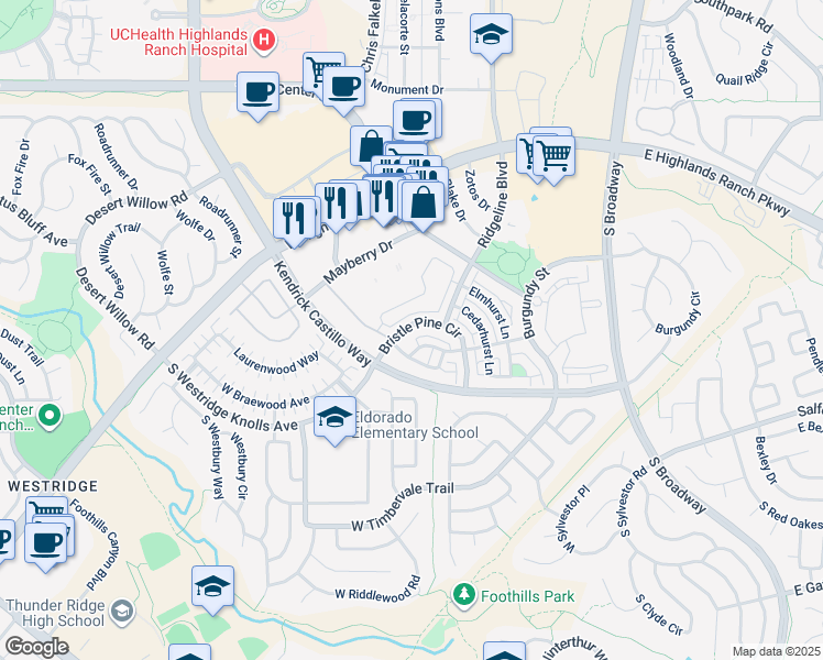 map of restaurants, bars, coffee shops, grocery stores, and more near 9414 Rockhurst Street in Highlands Ranch