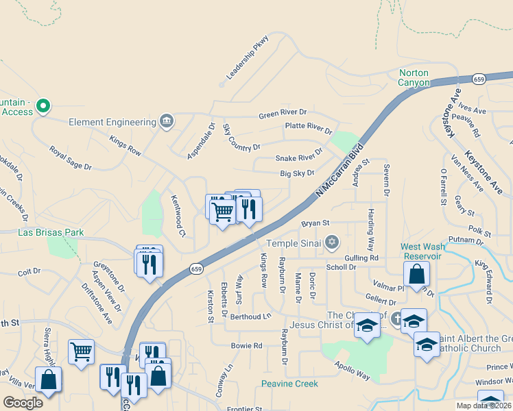 map of restaurants, bars, coffee shops, grocery stores, and more near 3540 Balboa Drive in Reno