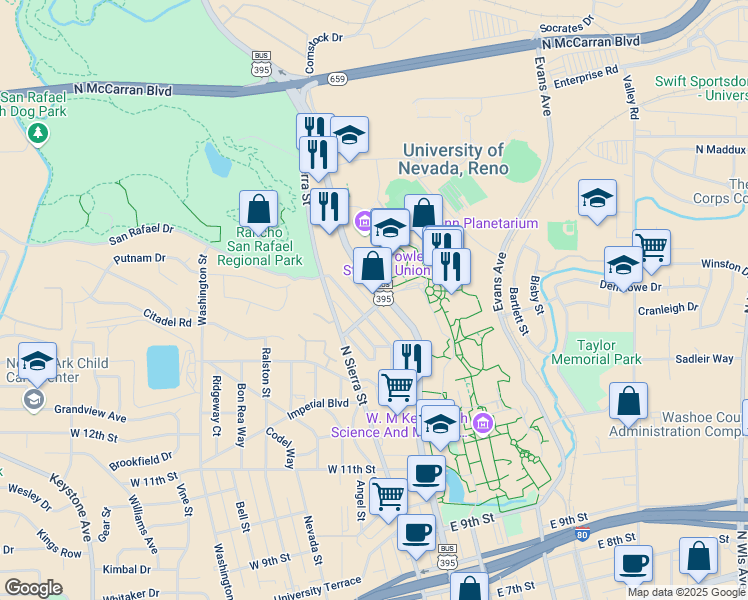 map of restaurants, bars, coffee shops, grocery stores, and more near 1505 North Virginia Street in Reno
