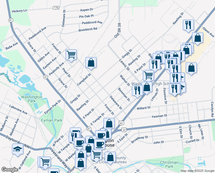 map of restaurants, bars, coffee shops, grocery stores, and more near 719 Rawling Street in Washington Court House