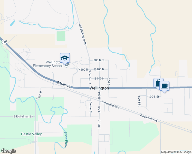 map of restaurants, bars, coffee shops, grocery stores, and more near 75 East 100 North in Wellington
