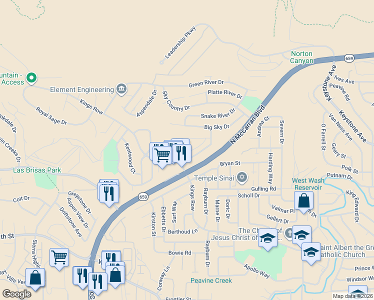 map of restaurants, bars, coffee shops, grocery stores, and more near 3540 Balboa Drive in Reno