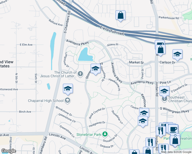 map of restaurants, bars, coffee shops, grocery stores, and more near 9500 Stonegate Parkway in Parker