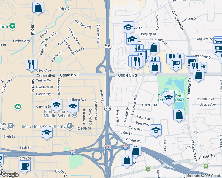 map of restaurants, bars, coffee shops, grocery stores, and more near 86-98 Lilac Lane in Reno