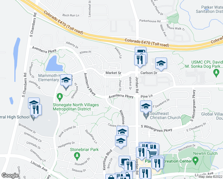 map of restaurants, bars, coffee shops, grocery stores, and more near 9551 Pearl Circle in Parker