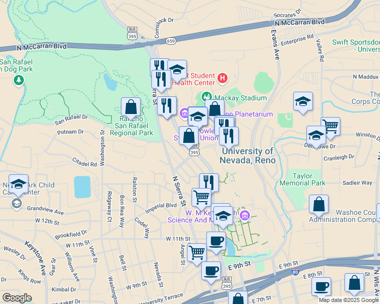 map of restaurants, bars, coffee shops, grocery stores, and more near 1505 North Virginia Street in Reno
