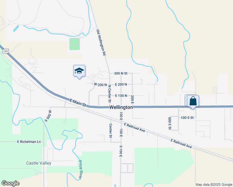 map of restaurants, bars, coffee shops, grocery stores, and more near 75 East 100 North in Wellington