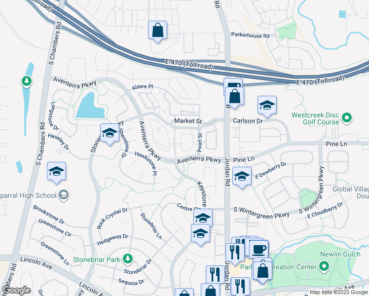 map of restaurants, bars, coffee shops, grocery stores, and more near 9551 Pearl Circle in Parker