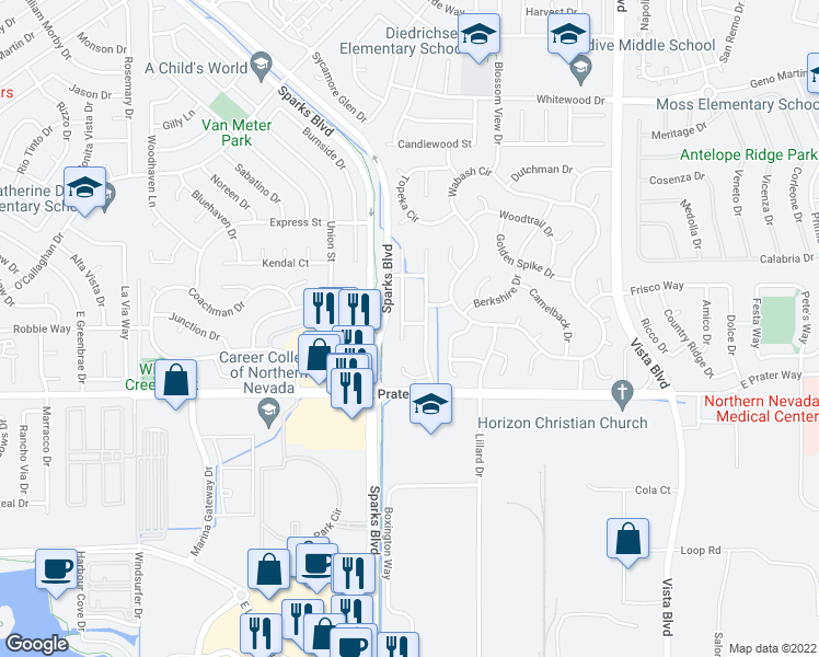 map of restaurants, bars, coffee shops, grocery stores, and more near 965 Coal Court in Sparks