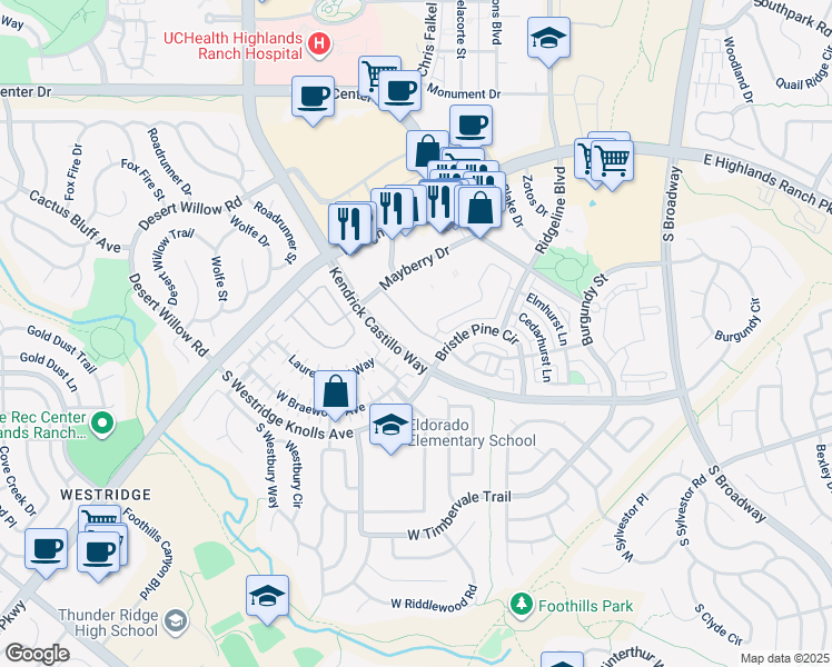 map of restaurants, bars, coffee shops, grocery stores, and more near 1100 Rockhurst Drive in Highlands Ranch