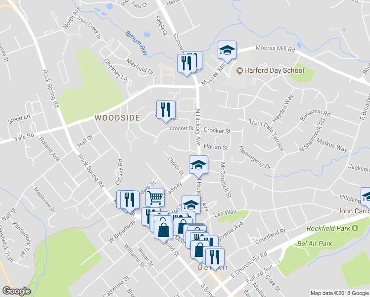 map of restaurants, bars, coffee shops, grocery stores, and more near 210 Timber Trail in Bel Air