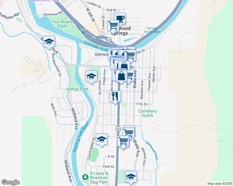 map of restaurants, bars, coffee shops, grocery stores, and more near in Glenwood Springs