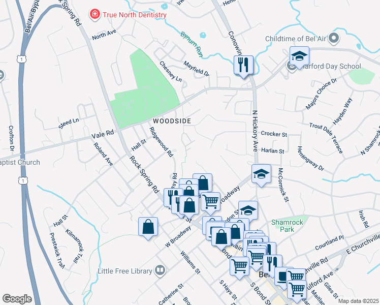 map of restaurants, bars, coffee shops, grocery stores, and more near 405 Signal Court in Bel Air