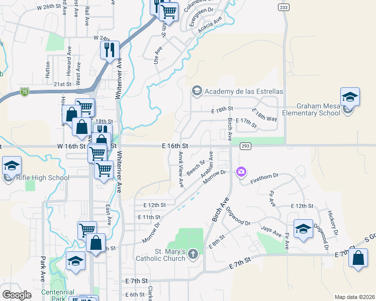 map of restaurants, bars, coffee shops, grocery stores, and more near 709 East 17th Street in Rifle