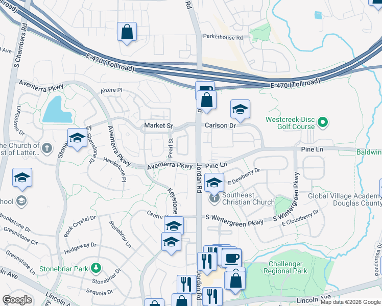 map of restaurants, bars, coffee shops, grocery stores, and more near 9447 Market Drive in Parker