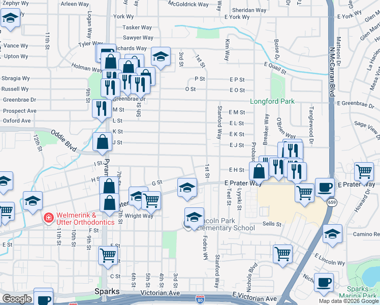 map of restaurants, bars, coffee shops, grocery stores, and more near 108 J Street in Sparks