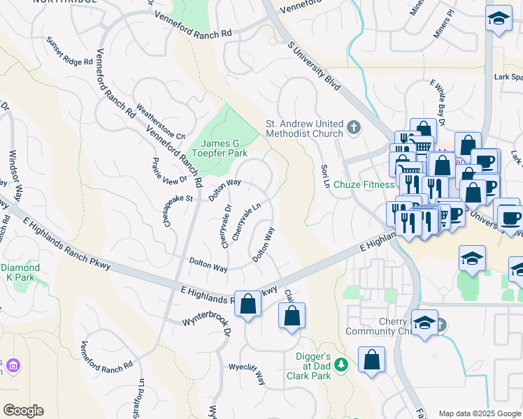 map of restaurants, bars, coffee shops, grocery stores, and more near 9412 South Alcosta Place in Littleton